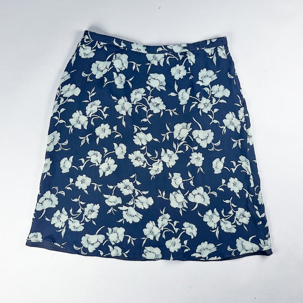 Flowy Floral Skirt, Vintage 90's Blue Tones Flower Print Floaty Silk Knee Length